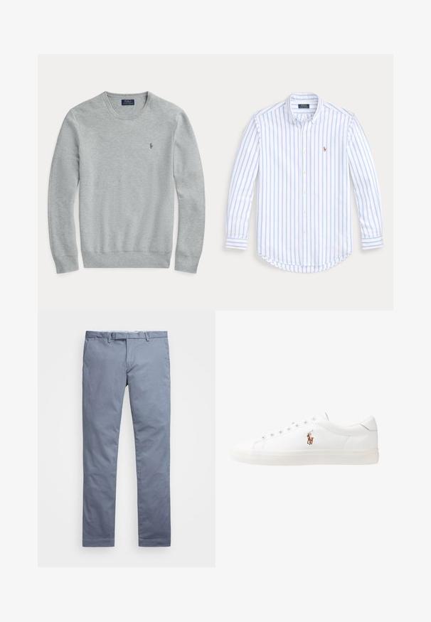 Sweater em malha cinza claro de manga longa com decote redondo, punhos e barra canelados, e pequeno logo bordado da Polo Ralph Lauren no peito.; Camisa de botão de manga longa azul clara e branca, feita de algodão, com uma bainha curva e um pequeno logótipo bordado no peito.; Chinos de algodão azul claro com um corte slim, pernas retas, passantes para cinto e fecho de zip. Apresenta costuras subtis e sem padrões visíveis.; Sapatilhas de couro brancas, design de cano baixo, com textura suave, biqueira redonda, atacadores à frente e um pequeno logótipo bordado na lateral.