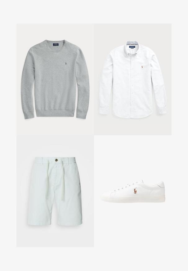 Világosszürke, hosszú ujjú kötött pulóver kerek nyakkal, bordás mandzsettával és szegéllyel, valamint kis hímzett Polo Ralph Lauren logóval a mellkasán.; Fehér, hosszú ujjú, gombos ing, pamutból készült. Széles gallérral, gombos záródással és egy kis hímezett logóval rendelkezik a mellkasán.; Világos zöld pamut rövidnadrág, elasztikus derékkal és húzózsinórral. Gombos záródással, oldalsó zsebekkel és egyenes szabással rendelkezik.; Fehér bőr sportcipők, alacsony fazonban, sima textúrával, kerek orral, fűzős előlappal és egy kis hímezett logóval az oldalon.