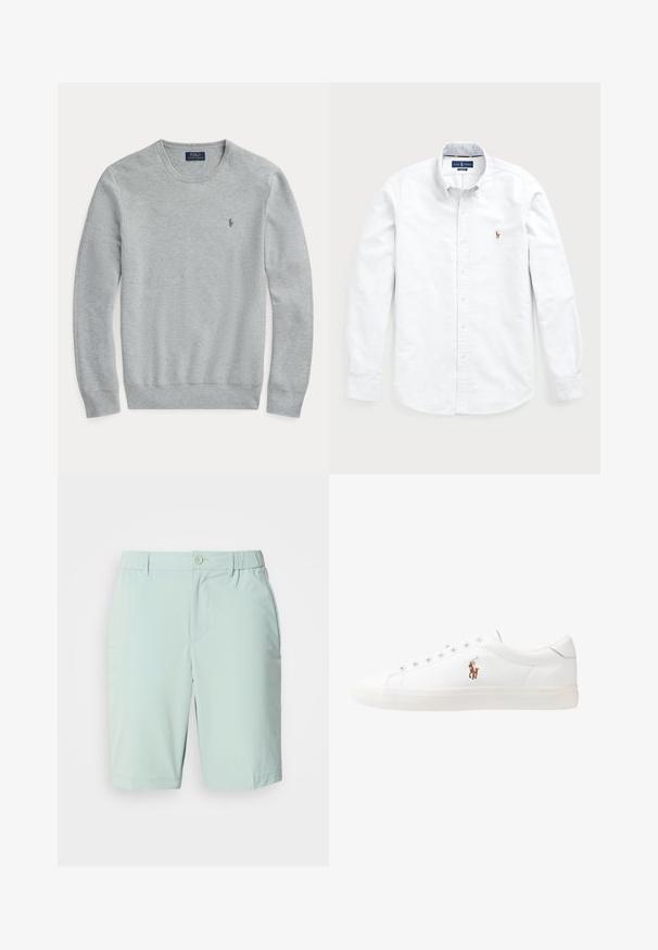 Hellgrauer, langärmeliger Strickpullover mit Rundhalsausschnitt, gerippten Bündchen und Saum sowie kleinem gestickten Polo Ralph Lauren-Logo auf der Brust.; Weißes Langarm-Hemd aus Baumwolle mit Knopfleiste. Verfügt über einen klassischen Kragen, Knopfverschluss und ein kleines gesticktes Logo auf der Brust.; Helle blaue Shorts aus glattem Stoff, mit Knopfverschluss, Fronttaschen und einem bequemen Bund ohne sichtbare Muster.; Weiße Leder-Sneaker, niedrig geschnitten, mit glatter Textur, runder Zehenpartie, Schnür vorne und kleinem gesticktem Logo an der Seite.