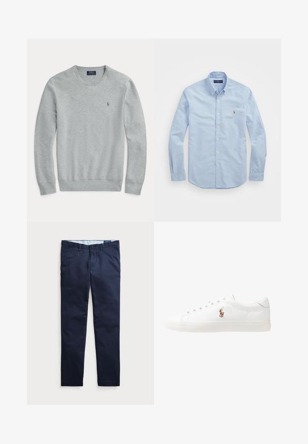 Svetlo šedý pletený sveter s dlhým rukávom, okrúhlym výstrihom, rebrovanými manžetami a spodným lemom, a malým vyšitým logom Polo Ralph Lauren na hrudi.; Svetlomodrá košeľa s dlhým rukávom na gombíky vyrobená z bavlny, s klasickým golierom a malým červeným vyšitým logom na hrudi.; Tmavo modré chinos nohavice z bavlny, vybavené zapínaním na gombík, bočnými vreckami a hladkým povrchom. Rovný strih s čistým zakončením.; Biele kožené tenisky s nízkym strihom, s hladkou textúrou, okrúlym špičkou, šnurovaním vpredu a malým vyšitým logom na boku.