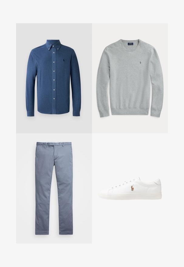 Jasnoszary długi sweter dzianinowy z okrągłym dekoltem, prążkowanymi mankietami i dołem oraz małym haftowanym logiem Polo Ralph Lauren na klatce piersiowej.; Niebieska koszula z długim rękawem zapinana na guziki, wykonana z miękkiego materiału, z usztywnionym kołnierzykiem i pojedynczym haftowanym logo na piersi.; Jasnoniebieskie bawełniane chinosy o dopasowanym kroju, prostych nogawkach, z szlufkami na pasek i zamek błyskawiczny. Posiadają delikatne przeszycia i brak widocznych wzorów.; Białe skórzane sneakersy, niskoprofilowy design, charakteryzujące się gładką fakturą, okrągłym noskiem, sznurowanym przodem i małym haftowanym logo z boku.