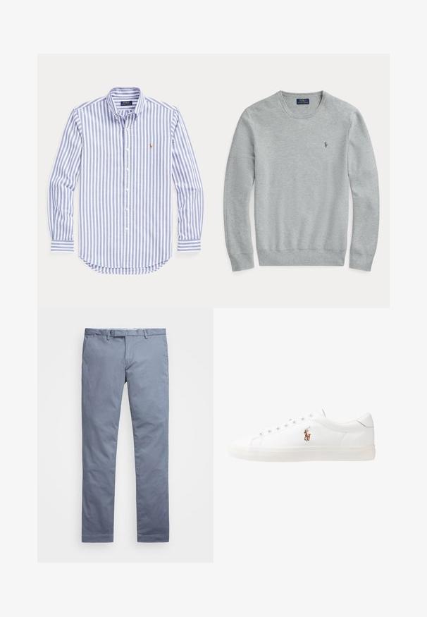 Gaiši pelēks, garām piedurknēm adīts džemperis ar apaļu kaklu, ribotām piedurknēm un apakšmalu, kā arī neliels izšūts Polo Ralph Lauren logo krūtīs.; Svītrots garām piedurknēm krekls gaiši zilā un baltā kokvilnā ar pogājamu apkakli, ar mazu izšuvumu logotipu uz krūšu.; Gaiši zili kokvilnas chinos ar pieguļošu piegriezumu, taisnām kājām, jostas cilpām un ar rāvējslēdzēju. Tam ir maiga šūšana un nav saskatāmu rakstu.; Baltas ādas sporta apavi, zema dizaina, ar gludu tekstūru, noapaļotu purngalu, ar auklēm priekšpusē un nelielu izšūtu logotipu sānos.