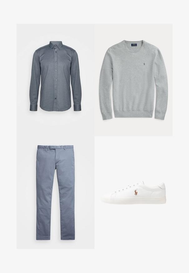 Ανοιχτό γκρι πλεκτό πουλόβερ μακρυμάνικο με στρογγυλή λαιμόκοψη, ραμμένες μανσέτες και στρίφωμα, καθώς και μικρό κεντημένο λογότυπο Polo Ralph Lauren στο στήθος.; Πουκάμισο μακρύ μανίκι σε σκούρο γκρι ύφασμα, με γιακά, κουμπιά μπροστά και μανσέτες. Λείος υφασμάτινος σχεδιασμός με εφαρμοστή γραμμή.; Ανοιχτό μπλέ βαμβακερές chinos με εφαρμογή slim, ίσιες γραμμές, θηλιές για ζώνη και κλείσιμο με φερμουάρ. Διαθέτει διακριτές ραφές και χωρίς ορατά μοτίβα.; Λευκά δερμάτινα sneakers, χαμηλού σχεδιασμού, με απαλή υφή, στρογγυλή μύτη, δέσιμο μπροστά και μικρό κεντημένο λογότυπο στο πλάι.