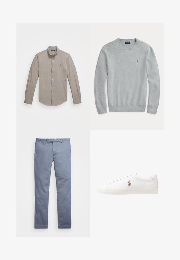 Ανοιχτό γκρι πλεκτό πουλόβερ μακρυμάνικο με στρογγυλή λαιμόκοψη, ραμμένες μανσέτες και στρίφωμα, καθώς και μικρό κεντημένο λογότυπο Polo Ralph Lauren στο στήθος.; Πουκάμισο με κουμπιά σε καφέ και λευκή καρό σχέδιο, με γιακά, μακριά μανίκια και μικρό λογότυπο στην αριστερή πλευρά του στήθους.; Ανοιχτό μπλέ βαμβακερές chinos με εφαρμογή slim, ίσιες γραμμές, θηλιές για ζώνη και κλείσιμο με φερμουάρ. Διαθέτει διακριτές ραφές και χωρίς ορατά μοτίβα.; Λευκά δερμάτινα sneakers, χαμηλού σχεδιασμού, με απαλή υφή, στρογγυλή μύτη, δέσιμο μπροστά και μικρό κεντημένο λογότυπο στο πλάι.