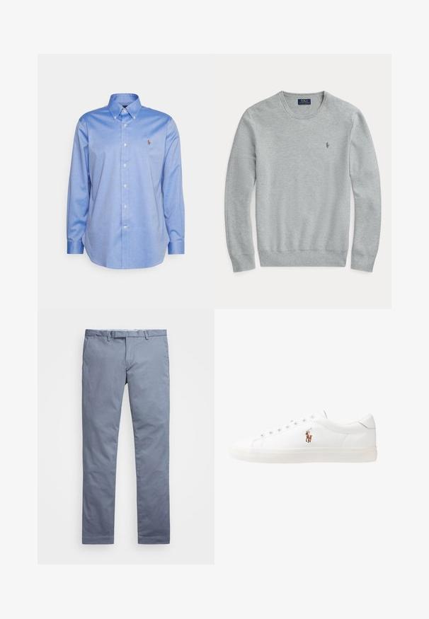 Világosszürke, hosszú ujjú kötött pulóver kerek nyakkal, bordás mandzsettával és szegéllyel, valamint kis hímzett Polo Ralph Lauren logóval a mellkasán.; Világoskék, gombos ing, gallérral, hosszú ujjú, és egy kis logóval a bal mellen. Simaságot árasztó pamut szövetből készült.; Világoskék pamut chinos nadrág, slim fit szabású, egyenes lábakkal, övtartókkal és cipzáros záródással. Finom varrásokkal rendelkezik, és nincsenek rajta látható minták.; Fehér bőr sportcipők, alacsony fazonban, sima textúrával, kerek orral, fűzős előlappal és egy kis hímezett logóval az oldalon.