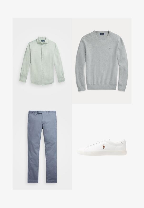 Jasnoszary długi sweter dzianinowy z okrągłym dekoltem, prążkowanymi mankietami i dołem oraz małym haftowanym logiem Polo Ralph Lauren na klatce piersiowej.; Jasnozielona koszula z guzikiem, w mały biały wzór w kropki, klasyczny kołnierzyk, długie rękawy i zaokrąglony dół.; Jasnoniebieskie bawełniane chinosy o dopasowanym kroju, prostych nogawkach, z szlufkami na pasek i zamek błyskawiczny. Posiadają delikatne przeszycia i brak widocznych wzorów.; Białe skórzane sneakersy, niskoprofilowy design, charakteryzujące się gładką fakturą, okrągłym noskiem, sznurowanym przodem i małym haftowanym logo z boku.