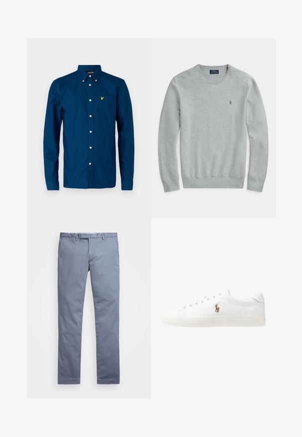 Heledatud hall pikka varrukat või salli kudumisest valmistatud kampsun, ümmargune kaelus, ribakujulised mansetid jaäär ning rinnal väike brodeeritud Polo Ralph Lauren logo.; Lyle & Scott PLAIN - Pluus - apres navy; Heledad sinine puuvillane chino pükste slim-fit lõikega, sirged sääred, vöödega sangad ja lukuga lend. Omab peent õmblust ning nähtavaid mustreid ei ole.; Valged nahast tossud, madala ülaservaga disain, millel on sile tekstuur, ümar varvas, nööridega esiosa ja väike tikand logoga küljel.