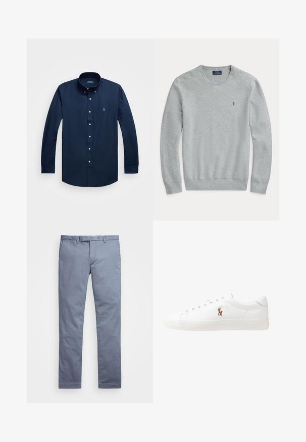 Ανοιχτό γκρι πλεκτό πουλόβερ μακρυμάνικο με στρογγυλή λαιμόκοψη, ραμμένες μανσέτες και στρίφωμα, καθώς και μικρό κεντημένο λογότυπο Polo Ralph Lauren στο στήθος.; Ναυτικό μπλε πουκάμισο με μακριά μανίκια και κουμπιά, φτιαγμένο από βαμβάκι, με κλασικό γιακά, διακοσμημένο με ένα μικρό κεντημένο λογότυπο στο στήθος και λεπτομέρειες με κουμπιά.; Ανοιχτό μπλέ βαμβακερές chinos με εφαρμογή slim, ίσιες γραμμές, θηλιές για ζώνη και κλείσιμο με φερμουάρ. Διαθέτει διακριτές ραφές και χωρίς ορατά μοτίβα.; Λευκά δερμάτινα sneakers, χαμηλού σχεδιασμού, με απαλή υφή, στρογγυλή μύτη, δέσιμο μπροστά και μικρό κεντημένο λογότυπο στο πλάι.