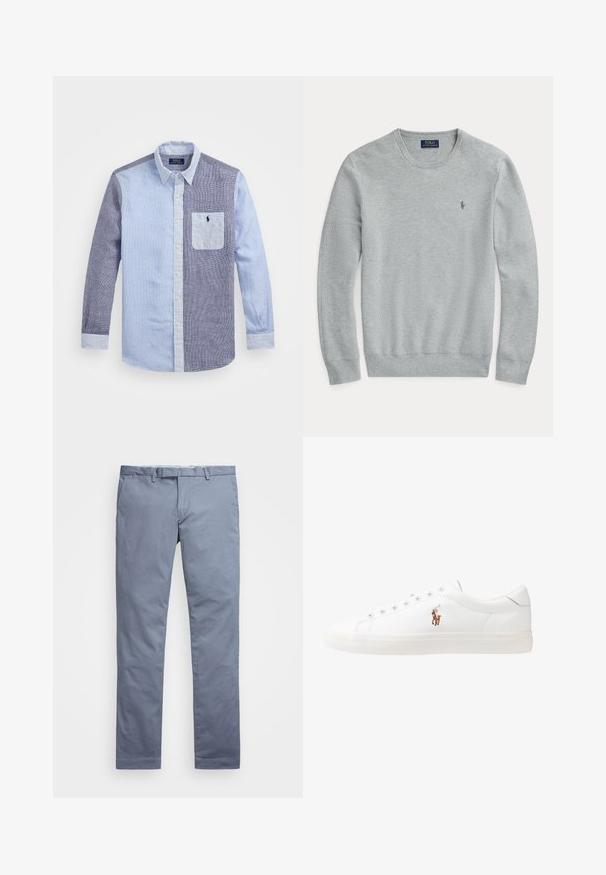 Lys grå langermet strikket genser med rund hals, ribbede mansjetter og hem, samt liten brodert Polo Ralph Lauren-logo på brystet.; Langermet skjorte med et lappeteppe-design i lyseblått og mørkeblått rutete stoff. Knappe-ned krage og lomme med logo aksent.; Lyseblå bomullschinos med slim fit, rette ben, beltehemper og glidelås. Har subtile sømmer og ingen synlige mønstre.; Hvite lærsko, lavt design, med en glatt tekstur, rund tå, snøring foran, og en liten brodert logo på siden.