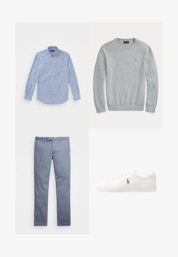 Suéter de punto de manga larga en gris claro con cuello redondo, puños y dobladillo de canalé, y pequeño logo bordado de Polo Ralph Lauren en el pecho.; Camisa de cuadros azul y blanca de manga larga con cuello abotonado y un pequeño logo bordado en el pecho. Material de algodón.; Chinos de algodón azul claro con un corte ajustado, piernas rectas, trabillas para cinturón y cierre de cremallera. Presenta costuras sutiles y ningún patrón visible.; Zapatillas de cuero blancas, diseño de corte bajo, con una textura suave, puntera redonda, cordones en la parte delantera y un pequeño logo bordado en el lateral.