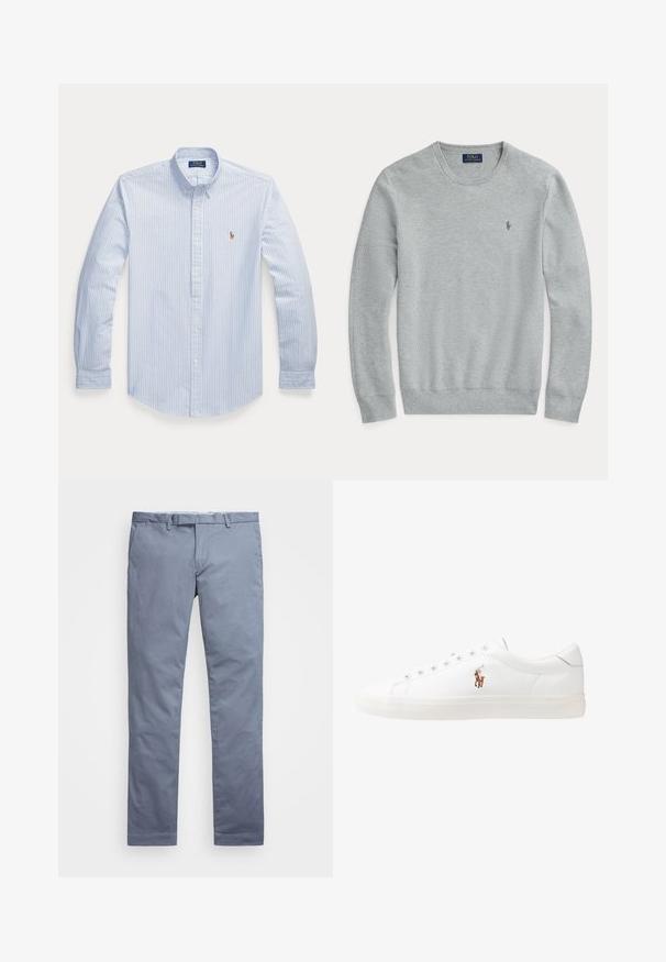 Light gray long-sleeve knit sweater with crew neck, ribbed cuffs and hem, and small embroidered Polo Ralph Lauren logo on chest.; Blue and white striped long-sleeve button-up shirt with a tailored collar, featuring a small, embroidered logo on the left chest.; Light blue cotton chinos with a slim fit, straight legs, belt loops, and a zip fly. Features subtle stitching and no visible patterns.; White leather sneakers, low-top design, featuring a smooth texture, round toe, laced front, and a small embroidered logo on the side.