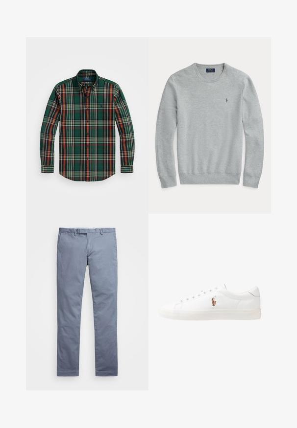Lys grå langermet strikket genser med rund hals, ribbede mansjetter og hem, samt liten brodert Polo Ralph Lauren-logo på brystet.; Grønn rutete skjorte med oransje, marineblå og hvite striper. Har klassisk krage og lange ermer, laget av myk bomull.; Lyseblå bomullschinos med slim fit, rette ben, beltehemper og glidelås. Har subtile sømmer og ingen synlige mønstre.; Hvite lærsko, lavt design, med en glatt tekstur, rund tå, snøring foran, og en liten brodert logo på siden.