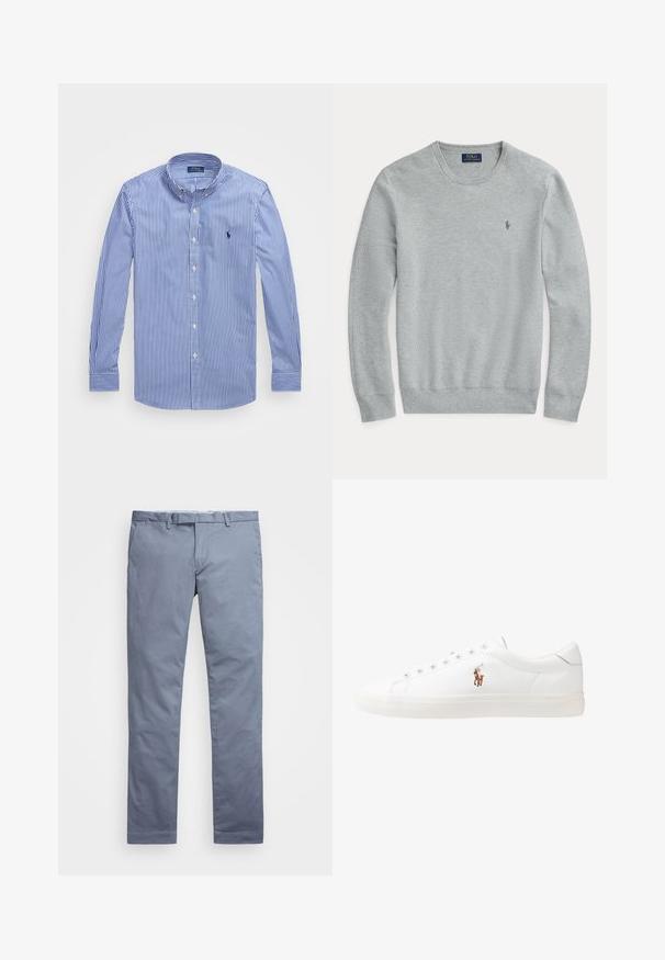 Sweater em malha cinza claro de manga longa com decote redondo, punhos e barra canelados, e pequeno logo bordado da Polo Ralph Lauren no peito.; Camisa de botão de mangas longas azul e branca com riscas, apresentando um colarinho reto, um pequeno logotipo e fecho de botão. Fabricada em algodão, com uma textura suave.; Chinos de algodão azul claro com um corte slim, pernas retas, passantes para cinto e fecho de zip. Apresenta costuras subtis e sem padrões visíveis.; Sapatilhas de couro brancas, design de cano baixo, com textura suave, biqueira redonda, atacadores à frente e um pequeno logótipo bordado na lateral.