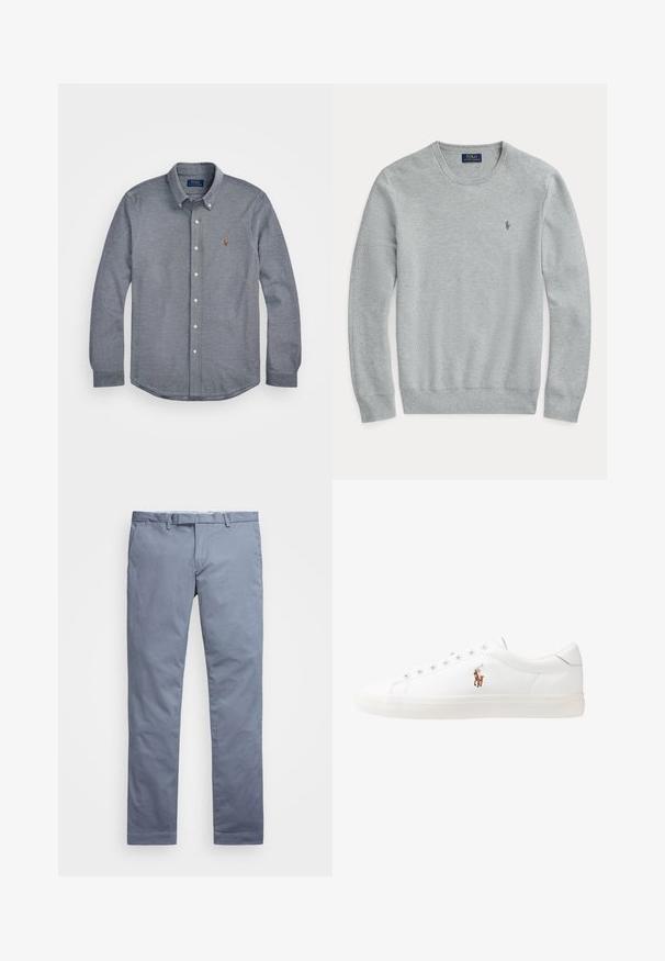 Sweater em malha cinza claro de manga longa com decote redondo, punhos e barra canelados, e pequeno logo bordado da Polo Ralph Lauren no peito.; Camisa abotoada em tecido azul escuro com um padrão texturizado. Apresenta um colarinho espalhado, mangas longas e um pequeno logotipo bordado no peito.; Chinos de algodão azul claro com um corte slim, pernas retas, passantes para cinto e fecho de zip. Apresenta costuras subtis e sem padrões visíveis.; Sapatilhas de couro brancas, design de cano baixo, com textura suave, biqueira redonda, atacadores à frente e um pequeno logótipo bordado na lateral.