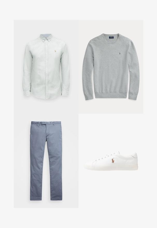 Šviesiai pilkas megztinis su ilgomis rankovėmis, apvalia kaklo išpjova, raukiniais ant rankogalių ir apvadų bei maža siuvinėta Polo Ralph Lauren logotipu krūtinėje.; Šviesiai žalios spalvos juostuotas ilgomis rankovėmis marškiniai su sagomis apkabinamu apykakliu ir mažyčiu siuvinėtu logotipu ant krūtinės. Minkštas medvilnės audinys su tekstūruotu paviršiumi.; Šviesiai mėlyni medvilniniai chinosai su siauru profiliu, tiesiomis klešnėmis, diržo kilpos ir užtrauktuku. Yra subtilūs siuvinėjimai ir jokių matomų raštų.; Baltos odinės sportbačiai, žemo profilio, su lygia tekstūra, apvalia nosimi, raištelių sistema priekyje ir mažyte siuvinėta logo šone.