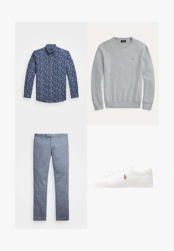 Jasnoszary długi sweter dzianinowy z okrągłym dekoltem, prążkowanymi mankietami i dołem oraz małym haftowanym logiem Polo Ralph Lauren na klatce piersiowej.; Granatowa koszula zapinana na guziki z białym wzorem roślinnym i zwierzęcym, wykonana z lekkiego materiału, z długimi rękawami i spiczastym kołnierzykiem.; Jasnoniebieskie bawełniane chinosy o dopasowanym kroju, prostych nogawkach, z szlufkami na pasek i zamek błyskawiczny. Posiadają delikatne przeszycia i brak widocznych wzorów.; Białe skórzane sneakersy, niskoprofilowy design, charakteryzujące się gładką fakturą, okrągłym noskiem, sznurowanym przodem i małym haftowanym logo z boku.