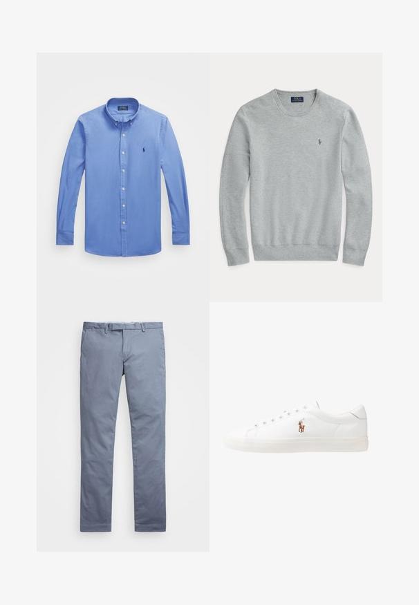 Lichtgrijze gebreide trui met lange mouwen en ronde hals, geribde manchetten en zoom, en klein geborduurd Polo Ralph Lauren-logo op de borst.; Lichtblauwe overhemd met lange mouwen en een button-down kraag, witte knopen en een klein geborduurd logo op de linkerborst. Gladde textuur.; Lichtblauwe katoenen chinos met een slim fit, rechte pijpen, riemlussen en een ritssluiting. Voorzien van subtiele stiksels en geen zichtbare patronen.; Witte leren sneakers, laag model, met een gladde textuur, ronde neus, vetersluiting aan de voorkant en een klein geborduurd logo aan de zijkant.