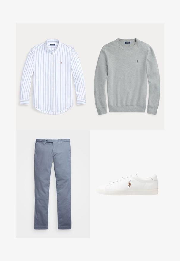 Ανοιχτό γκρι πλεκτό πουλόβερ μακρυμάνικο με στρογγυλή λαιμόκοψη, ραμμένες μανσέτες και στρίφωμα, καθώς και μικρό κεντημένο λογότυπο Polo Ralph Lauren στο στήθος.; Ανοιχτό μπλε και λευκή ριγέ μακρυμάνικη πουκαμίσα με κουμπιά, φτιαγμένη από βαμβάκι, με καμπύλη ποδρα και ένα μικρό κεντημένο λογότυπο στο στήθος.; Ανοιχτό μπλέ βαμβακερές chinos με εφαρμογή slim, ίσιες γραμμές, θηλιές για ζώνη και κλείσιμο με φερμουάρ. Διαθέτει διακριτές ραφές και χωρίς ορατά μοτίβα.; Λευκά δερμάτινα sneakers, χαμηλού σχεδιασμού, με απαλή υφή, στρογγυλή μύτη, δέσιμο μπροστά και μικρό κεντημένο λογότυπο στο πλάι.