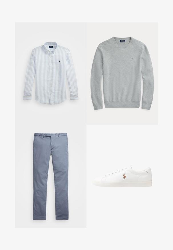 Sweater em malha cinza claro de manga longa com decote redondo, punhos e barra canelados, e pequeno logo bordado da Polo Ralph Lauren no peito.; Camisa de manga longa azul claro e branca às riscas, em tecido de algodão, colarinho abotoado, pequeno logótipo bordado no peito, com botões amarelos.; Chinos de algodão azul claro com um corte slim, pernas retas, passantes para cinto e fecho de zip. Apresenta costuras subtis e sem padrões visíveis.; Sapatilhas de couro brancas, design de cano baixo, com textura suave, biqueira redonda, atacadores à frente e um pequeno logótipo bordado na lateral.