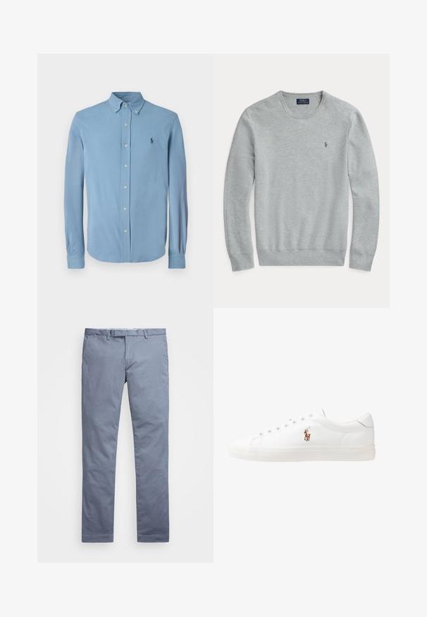 Light gray long-sleeve knit sweater with crew neck, ribbed cuffs and hem, and small embroidered Polo Ralph Lauren logo on chest.; Light blue button-up shirt made of smooth fabric, featuring a classic collar, long sleeves, and a small dark emblem on the chest.; Light blue cotton chinos with a slim fit, straight legs, belt loops, and a zip fly. Features subtle stitching and no visible patterns.; White leather sneakers, low-top design, featuring a smooth texture, round toe, laced front, and a small embroidered logo on the side.