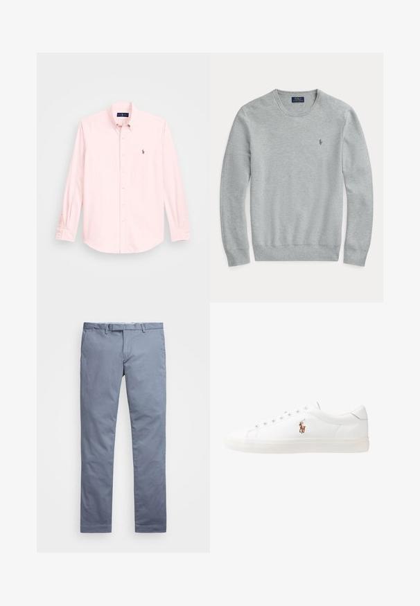 Lys grå langermet strikket genser med rund hals, ribbede mansjetter og hem, samt liten brodert Polo Ralph Lauren-logo på brystet.; Lyserosa skjorte med lange ermer og knappestolpe, har en liten brodert logo på venstre bryst, laget av et glatt bomullsstoff.; Lyseblå bomullschinos med slim fit, rette ben, beltehemper og glidelås. Har subtile sømmer og ingen synlige mønstre.; Hvite lærsko, lavt design, med en glatt tekstur, rund tå, snøring foran, og en liten brodert logo på siden.