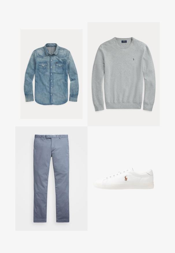 Svetra z dolgimi rokavi v svetlo sivi barvi, pletena, z okroglim ovratnikom, rebrastimi manšetami in robom ter majhnim vezenim logotipom Polo Ralph Lauren na prsih.; Denim srajca v svetlo modri barvi, z ostrim ovratnikom, dolgimi rokavi, dvema žepoma na prsih in zapiranjem na pritisne gumbe. Klasičen zahodni slog.; Svijetloplave pamučne chinos hlače slim kroja, ravne nogavice, petlje za remen i zatvarač s munjom. Sadrže suptilno šivanje i bez vidljivih uzoraka.; Bela usnjena teniski čevlji, nizki model, z gladko teksturo, okrogle konice, vezavi spredaj ter majhnim vezenim logotipom na strani.