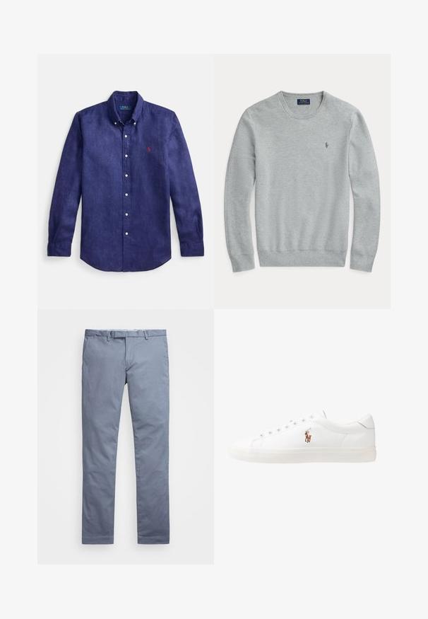 Jasnoszary długi sweter dzianinowy z okrągłym dekoltem, prążkowanymi mankietami i dołem oraz małym haftowanym logiem Polo Ralph Lauren na klatce piersiowej.; Granatowa lniana koszula z długim rękawem, z kołnierzykiem na guziki, plisą z przodu oraz małym czerwonym haftowanym logo na lewej piersi.; Jasnoniebieskie bawełniane chinosy o dopasowanym kroju, prostych nogawkach, z szlufkami na pasek i zamek błyskawiczny. Posiadają delikatne przeszycia i brak widocznych wzorów.; Białe skórzane sneakersy, niskoprofilowy design, charakteryzujące się gładką fakturą, okrągłym noskiem, sznurowanym przodem i małym haftowanym logo z boku.