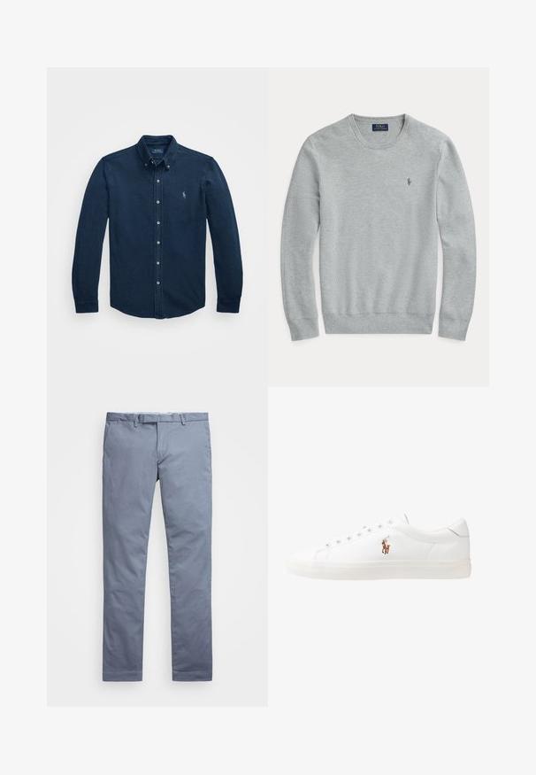 Ανοιχτό γκρι πλεκτό πουλόβερ μακρυμάνικο με στρογγυλή λαιμόκοψη, ραμμένες μανσέτες και στρίφωμα, καθώς και μικρό κεντημένο λογότυπο Polo Ralph Lauren στο στήθος.; Polo Ralph Lauren INDIGO DYED MESH KNIT SHIRT - Πουκάμισο - dark indigo; Ανοιχτό μπλέ βαμβακερές chinos με εφαρμογή slim, ίσιες γραμμές, θηλιές για ζώνη και κλείσιμο με φερμουάρ. Διαθέτει διακριτές ραφές και χωρίς ορατά μοτίβα.; Λευκά δερμάτινα sneakers, χαμηλού σχεδιασμού, με απαλή υφή, στρογγυλή μύτη, δέσιμο μπροστά και μικρό κεντημένο λογότυπο στο πλάι.