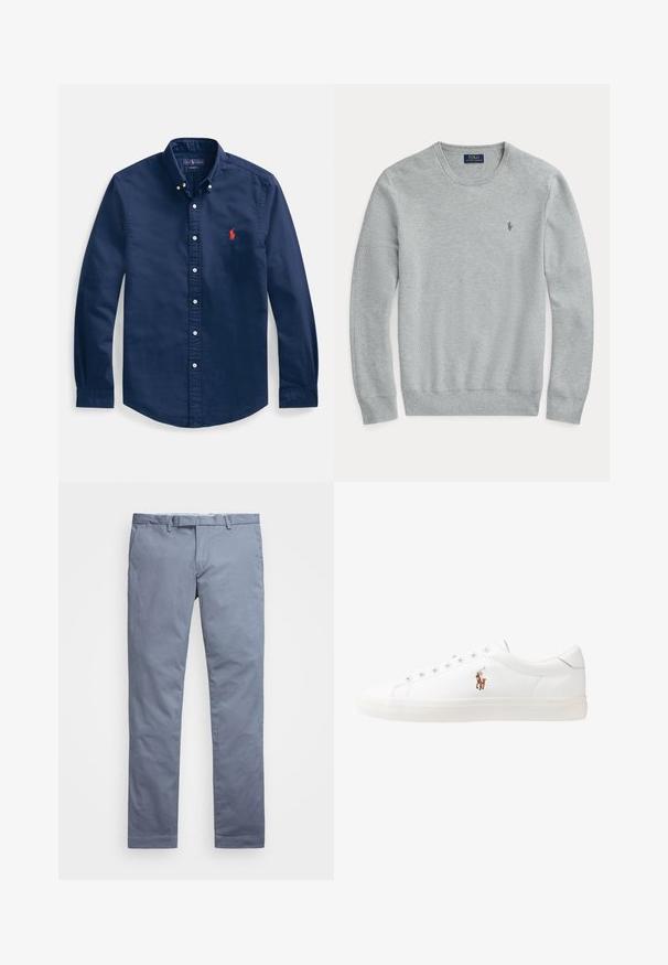 Light gray long-sleeve knit sweater with crew neck, ribbed cuffs and hem, and small embroidered Polo Ralph Lauren logo on chest.; Navy blue button-down shirt made of cotton, featuring a pointed collar, long sleeves, and a small red embroidered logo on the chest.; Light blue cotton chinos with a slim fit, straight legs, belt loops, and a zip fly. Features subtle stitching and no visible patterns.; White leather sneakers, low-top design, featuring a smooth texture, round toe, laced front, and a small embroidered logo on the side.