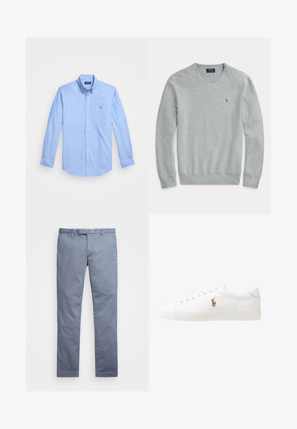 Ανοιχτό γκρι πλεκτό πουλόβερ μακρυμάνικο με στρογγυλή λαιμόκοψη, ραμμένες μανσέτες και στρίφωμα, καθώς και μικρό κεντημένο λογότυπο Polo Ralph Lauren στο στήθος.; Μπλε και λευκή ριγέ πουκάμισο με μακριά μανίκια, κουμπιά και επι pointed collar, και λογότυπο στο στήθος. Κατασκευασμένο από βαμβακερό ύφασμα με λεία υφή.; Ανοιχτό μπλέ βαμβακερές chinos με εφαρμογή slim, ίσιες γραμμές, θηλιές για ζώνη και κλείσιμο με φερμουάρ. Διαθέτει διακριτές ραφές και χωρίς ορατά μοτίβα.; Λευκά δερμάτινα sneakers, χαμηλού σχεδιασμού, με απαλή υφή, στρογγυλή μύτη, δέσιμο μπροστά και μικρό κεντημένο λογότυπο στο πλάι.