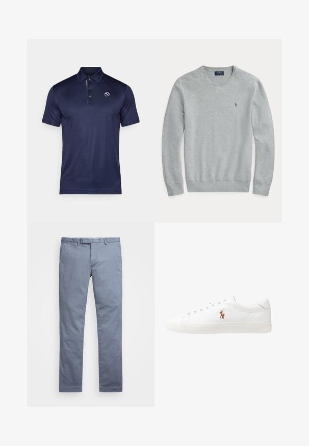 Light gray long-sleeve knit sweater with crew neck, ribbed cuffs and hem, and small embroidered Polo Ralph Lauren logo on chest.; Navy blue polo shirt made of smooth, breathable fabric featuring a three-button placket and a logo on the left chest. Short sleeves.; Light blue cotton chinos with a slim fit, straight legs, belt loops, and a zip fly. Features subtle stitching and no visible patterns.; White leather sneakers, low-top design, featuring a smooth texture, round toe, laced front, and a small embroidered logo on the side.