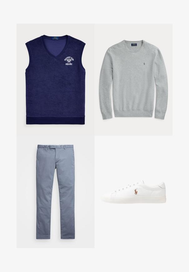 Sweater em malha cinza claro de manga longa com decote redondo, punhos e barra canelados, e pequeno logo bordado da Polo Ralph Lauren no peito.; Pólo sem mangas azul marinho em material de toalha de felpo; apresenta um decote em V, gola canelada e um logótipo branco com raquetes de ténis.; Chinos de algodão azul claro com um corte slim, pernas retas, passantes para cinto e fecho de zip. Apresenta costuras subtis e sem padrões visíveis.; Sapatilhas de couro brancas, design de cano baixo, com textura suave, biqueira redonda, atacadores à frente e um pequeno logótipo bordado na lateral.
