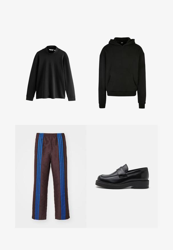 Schwarzer Kapuzenpullover aus weichem Stoff, mit einer Fronttasche, gerippten Bündchen und einem lässigen Schnitt.; Schwarzes Sweatshirt mit langen Ärmeln und hohem Kragen, aus weichem Stoff gefertigt, mit überschnittenen Schultern und gerippten Bündchen für eine lässige Passform.; Braun gemusterte Hose mit strukturierter Oberfläche, die zwei vertikale blaue Streifen an den Seiten und einen elastischen Bund hat.; Schwarze Lederloafer mit runder Zehenform, dekorativem Vorderstich und einer dicken Gummisohle. Glatte Textur mit polierter Oberfläche.