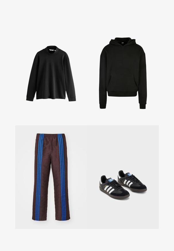 Schwarzer Kapuzenpullover aus weichem Stoff, mit einer Fronttasche, gerippten Bündchen und einem lässigen Schnitt.; Schwarzes Sweatshirt mit langen Ärmeln und hohem Kragen, aus weichem Stoff gefertigt, mit überschnittenen Schultern und gerippten Bündchen für eine lässige Passform.; Braun gemusterte Hose mit strukturierter Oberfläche, die zwei vertikale blaue Streifen an den Seiten und einen elastischen Bund hat.; Schwarze Sneaker mit einem Obermaterial aus Wildleder und Synthetik, ausgestattet mit drei weißen Streifen, einer strukturierten Gummi-Sohle und einem blauen Logo-Tag auf der Zunge.