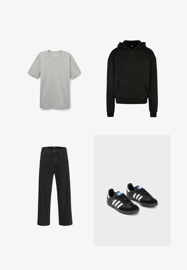 Sort hættebluse lavet af blødt stof, med en frontlomme, ribbede manchetter og et afslappet fit design.; Lys grå bomulds t-shirt med rund hals, korte ærmer og en afslappet pasform. Glat tekstur uden synlige mønstre eller udsmykninger.; Sorte denim jeans med lige ben, knap- og lynlåslukning, bæltestropper samt for- og baglommer.; Sorte sneakers med en overdel i ruskind og syntetisk materiale, med tre hvide striber, struktureret gummisål og en blå logoetiket på tungen.