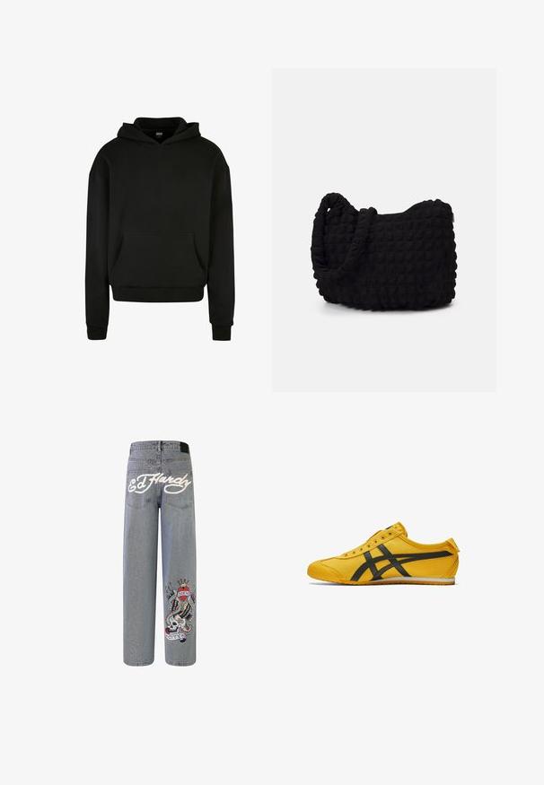 Black hooded sweatshirt made from soft fabric, featuring a front pocket, ribbed cuffs, and a relaxed fit design.; Light blue denim wide-leg jeans featuring "Ed Hardy" embroidered in white and a colorful graphic design of a skull with wings.; Yellow canvas shoe with black accent stripes, round toe, and low profile. Features six eyelets, textured fabric, and a rubber sole.; Black fabric bag with a textured, quilted pattern. Rounded shape, short, thick handles, and a soft, flexible structure.
