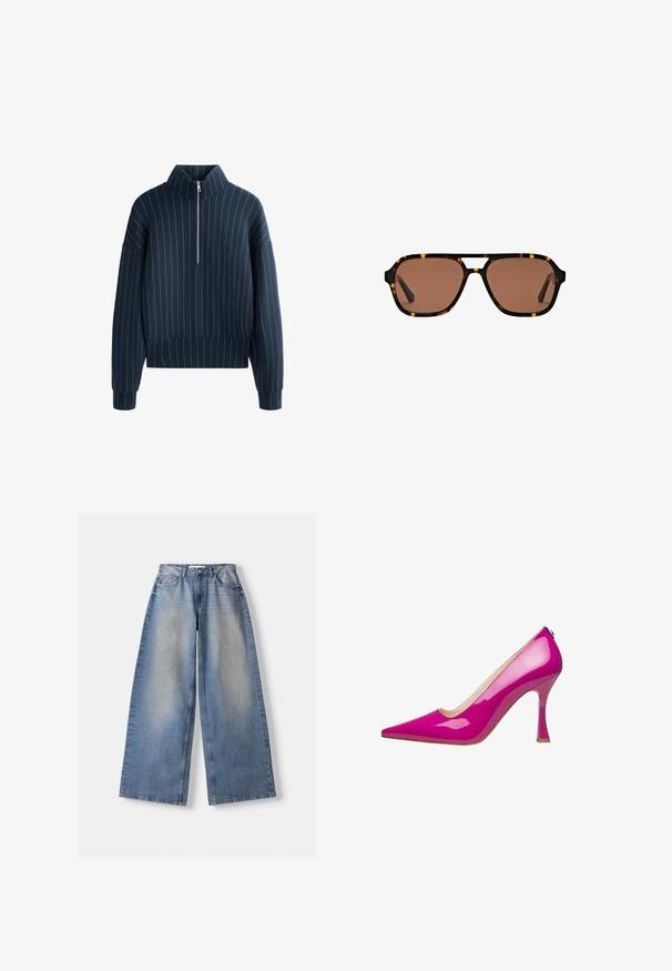 Sweatshirt zippé bleu marine avec un col haut, présentant des rayures verticales blanches, de larges manches longues et un ourlet côtelé. Texture lisse.; T-shirt gris clair à manches courtes fabriqué en tissu doux. Il présente un col rond et des lignes simples et épurées sans motifs ni embellissements.; Jean en denim bleu à jambes larges, taille haute et détails délavés, posé à plat sur un fond blanc.; Chaussure à talon aiguille en cuir verni rose avec un bout pointu et un talon fin. Texture lisse avec une finition brillante.; Lunettes de soleil rectangulaires teintées de brun avec une monture en écaille de tortue et un design à double pont sur fond blanc.; Sac à main synthétique blanc en forme triangulaire, avec un rabat avant plat et un détail en nœud, une bandoulière ajustable, une texture lisse et un design minimaliste.