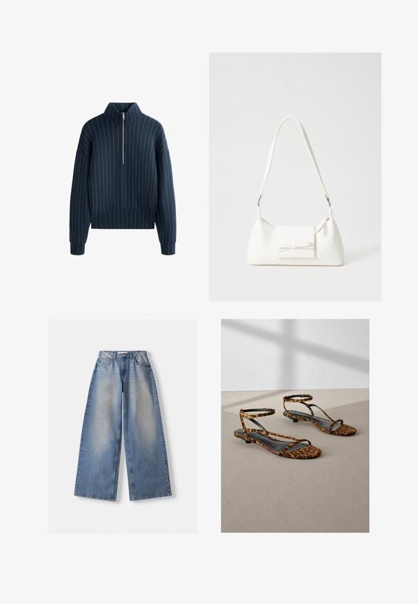 Navy blue zip-up sweatshirt with a high collar, featuring white vertical stripes, wide long sleeves, and a ribbed hem. Smooth texture.; Light gray short-sleeve t-shirt made of soft fabric. Features a round neckline and simple, clean lines with no patterns or embellishments.; Wide-leg blue denim jeans with high waist and faded details, laid flat on white background.; Leopard print flat sandals with black leather insoles, featuring thin ankle straps and a minimalist design. Textured soft fabric.; White synthetic handbag with a triangular shape, flat front flap and bow detail, adjustable strap, smooth texture, and minimalistic design.