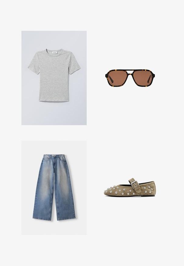 Navyblaue Zip-Hoodie mit hohem Kragen, versehen mit weißen vertikalen Streifen, weiten langen Ärmeln und einem gerippten Saum. Glatte Textur.; Hellgraues T-Shirt mit kurzen Ärmeln aus weichem Stoff. Verfügt über einen runden Halsausschnitt und einfache, klare Linien ohne Muster oder Verzierungen.; Weite blaue Jeans mit hohem Bund und verwaschenen Details, flach auf weißem Hintergrund ausgelegt.; Wildeleder-Flatschuh in Taupe mit metallischen Nieten über der Zehenpartie und einem Lederriemen mit einer silbernen Schnalle. Abgerunde Zehenform und flache Sohle.; Rechteckige Sonnenbrille mit braunem Tint und Schildpatt-Rahmen sowie einem Doppelsteg-Design auf einem weißen Hintergrund.; Weiße synthetische Handtasche in dreieckiger Form, flache Vorderklappe und Schleifendetail, verstellbarer Trageriemen, glatte Textur und minimalistisches Design.