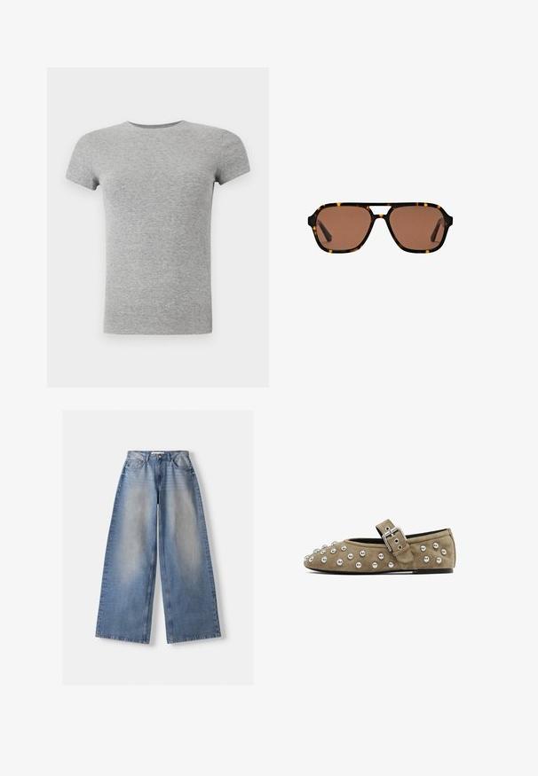 Navyblaue Zip-Hoodie mit hohem Kragen, versehen mit weißen vertikalen Streifen, weiten langen Ärmeln und einem gerippten Saum. Glatte Textur.; Graues Kurzarm-T-Shirt aus Rippstoff mit Rundhalsausschnitt. Es hat eine taillierte Passform und eine glatte Textur, die sich gut für die Freizeit eignet.; Weite blaue Jeans mit hohem Bund und verwaschenen Details, flach auf weißem Hintergrund ausgelegt.; Wildeleder-Flatschuh in Taupe mit metallischen Nieten über der Zehenpartie und einem Lederriemen mit einer silbernen Schnalle. Abgerunde Zehenform und flache Sohle.; Rechteckige Sonnenbrille mit braunem Tint und Schildpatt-Rahmen sowie einem Doppelsteg-Design auf einem weißen Hintergrund.; Weiße synthetische Handtasche in dreieckiger Form, flache Vorderklappe und Schleifendetail, verstellbarer Trageriemen, glatte Textur und minimalistisches Design.