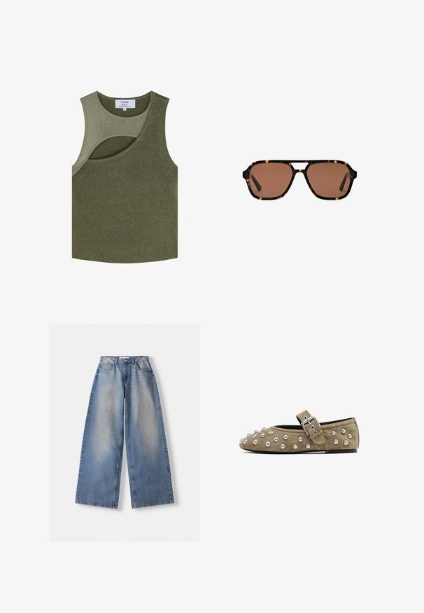 Felpa zip-up blu navy con collo alto, dotata di strisce verticali bianche, maniche lunghe larghe e orlo a costine. Texture liscia.; Scalpers Top - khaki; Jeans in denim blu a gamba larga con vita alta e dettagli sbiaditi, distesi su uno sfondo bianco.; Scarpa flat in suede color taupe con borchie metalliche sulla punta e cinturino in pelle con fibbia argentata. Punta arrotondata e suola piatta.; Occhiali da sole rettangolari di colore marrone con montatura in tartaruga e un design a doppio ponte su uno sfondo bianco.; Borsa sintetica bianca a forma triangolare, con patta anteriore piatta e dettaglio a fiocco, tracolla regolabile, texture liscia e design minimalista.