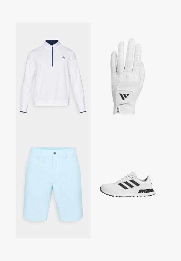 Weißer Pullover mit hohem Kragen, halbem Reißverschluss vorne und marineblauen Akzenten. Besticht durch einen strukturierten Stoff mit kleinem Logo auf der linken Brust.; Helle blaue Shorts aus glattem Stoff, mit flachem Frontdesign, Gürtelschlaufen, einem schlichten Metallknopfverschluss und sauberen Säumen.; Weiße Sportschuhe mit schwarzen Streifen, perforierter Seite, Gummisohle und Polsterung an der Ferse. Flache Schnürsenkel und gepolsterte Zunge.; Weißer Leder-Golfhandschuh mit perforierten Fingern, strukturiertem Nähen und einem schwarzen Akzentlogo am Handgelenk. Slim-Fit-Design für optimalen Grip.