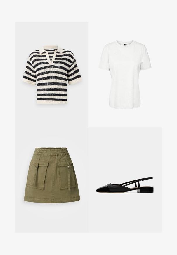 Csíkos kötött polo pulóver krém és tengerészkék színben, V-nyakkal, rövid ujjakkal, bordázott mandzsettákkal és texturált nyitott szövettel.; Fehér, rövid ujjú pamut póló, kerek nyakkivágással és laza szabással. Simább textúra, és nincsenek látható minták vagy díszítések.; Olíva zöld szoknya pamut keverék anyagból, elasztikus derékkal, két elülső zsebbel és egyenes szegéllyel.; Fekete bőr slingback laposcipő, hegyes orral, zárt vamp-pal és állítható bokapánttal. Alacsony, négyzetes sarokkal rendelkezik. Sima textúra.
