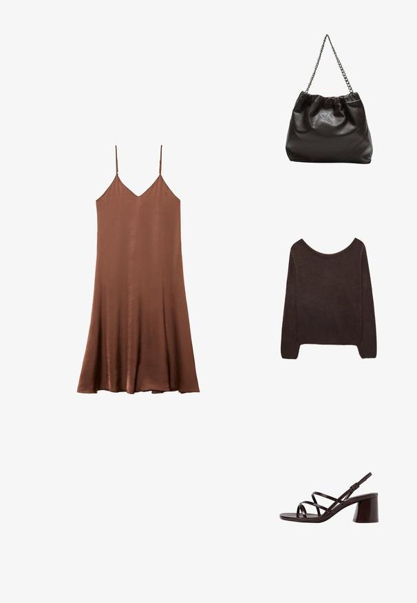 Braun gestrickter Pullover mit schulterfreiem Ausschnitt, langen Ärmeln und gerippten Bündchen. Weiche Textur mit glatter Oberflächenfinish.; Braunes Satin-Spaghettikleid mit verstellbaren Spaghettiträgern, V-Ausschnitt und fließender A-Liniensilhouette. Glatte Textur und Einfachheit im Design.; Braune, geschnallte High-Heel-Sandalette mit einem dicken Absatz, die über eine glatte, glänzende Oberfläche und mehrere überkreuzte Riemen im Obermaterial verfügt.; Braune Lederhandtasche mit gerafftem Oberteil und Kettenriemen. Glatte Textur mit glänzendem Finish und subtilen Nahtdetails an den Seiten.