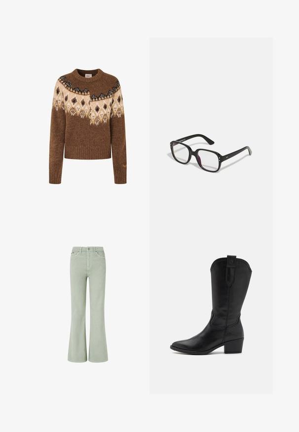 Maglione lavorato a maglia marrone caratterizzato da un motivo fair isle in crema e nero, collo rotondo e polsini e orlo a coste. Tessuto morbido e strutturato.; Jeans a zampa d'elefante in corduroy verde con vita media, dotati di tasche anteriori, chiusura a bottone e una texture morbida.; Stivale da cowboy in pelle nera con punta affusolata, altezza alla caviglia e tacco impilato. Presenta cuciture decorative e un cinturino per la maniglia.; Occhiali neri rettangolari con lenti trasparenti, caratterizzati da bordi arrotondati e dettagli laterali, con una finitura lucida sulla montatura e sulle astine.