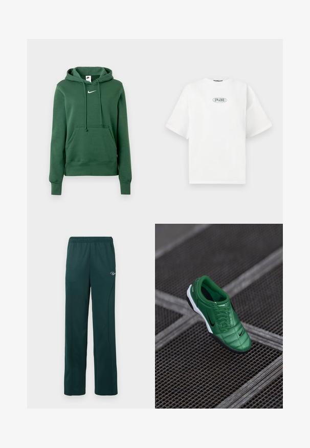 Zöld kapucnis pulóver puha anyagból, kenguruzsebbel, húzózsinóros kapucnival és fehér Nike logóval a mellkasnál. Bordázott mandzsetták és szegély.; Fehér, rövid ujjú póló, amely 100% pamutból készült, zöld színű grafikai logóval az ovális formában, a mellkas közepén.; Sötétzöld, puha anyagból készült melegítőnadrág, rugalmas derékkal és oldalsó varrással, elöl egy kis logóval.; Zöld szintetikus foci cipő párnázott textúrával, fekete részletekkel és elegáns dizájnnal. Fűzős elülső részével és kontrasztos fehér talpával rendelkezik.