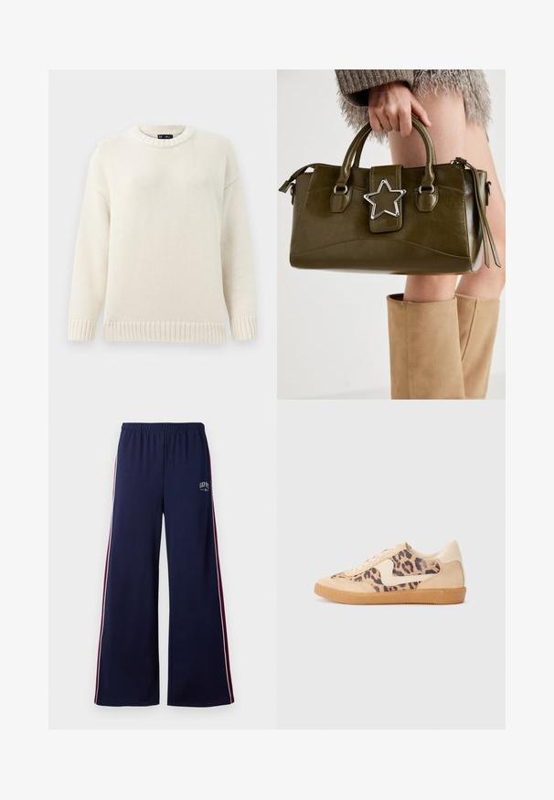 Helles cremefarbenes Strickpullover mit Rundhalsausschnitt, gerippten Bündchen und Saum. Verfügt über ein strukturiertes Muster und überschnittene Schultern für eine lockere Passform.; Marineblaue weite Sweatpants mit elastischem Bund, weißen und burgunderfarbenen Seitenstreifen sowie kleinem GAP NYC-Logo auf dem linken Oberschenkel.; Löwenmuster-Sneaker mit beige Wildleder-Obermaterial, tanfarbener Gummisohle und weißen Akzenten. Runde Zehenform und Schnürdesign mit strukturiertem Finish.; Olivgrünes Kunstlederhandtasche mit silbernem Sternakzent, doppelten Griffen und einem Reißverschluss. Strukturierten Form und texturierten Oberfläche.