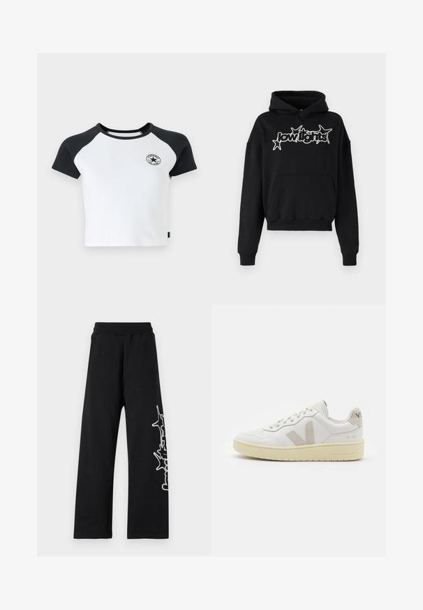 Musta huppari, joka on valmistettu puuvillasta. Siinä on edessä kenguru-tasku, säädettävä huppu ja valkoinen graafinen teksti tähtikoristeilla etupuolella.; T-paita lyhyilla hihoilla, valkoinen mustilla hihoilla, jossa on pyöreä kaula-aukko ja ympyrälogo rinnassa. Valmistettu puuvillakankaasta.; Mustat verkkarit, joissa on leveät lahkeet, elastinen vyötärö, sivutaskut ja valkoinen graafinen kuvio vasemmassa lahkeessa. Valmistettu pehmeästä kankaasta.; Valkoiset nahkakengät, joissa on vaaleanruskeat pigmenttisuojat, rei'itetty kärki, litteät nauhat ja teksturoitu kermaisa pohja. Takana on huomaamaton brändäys.