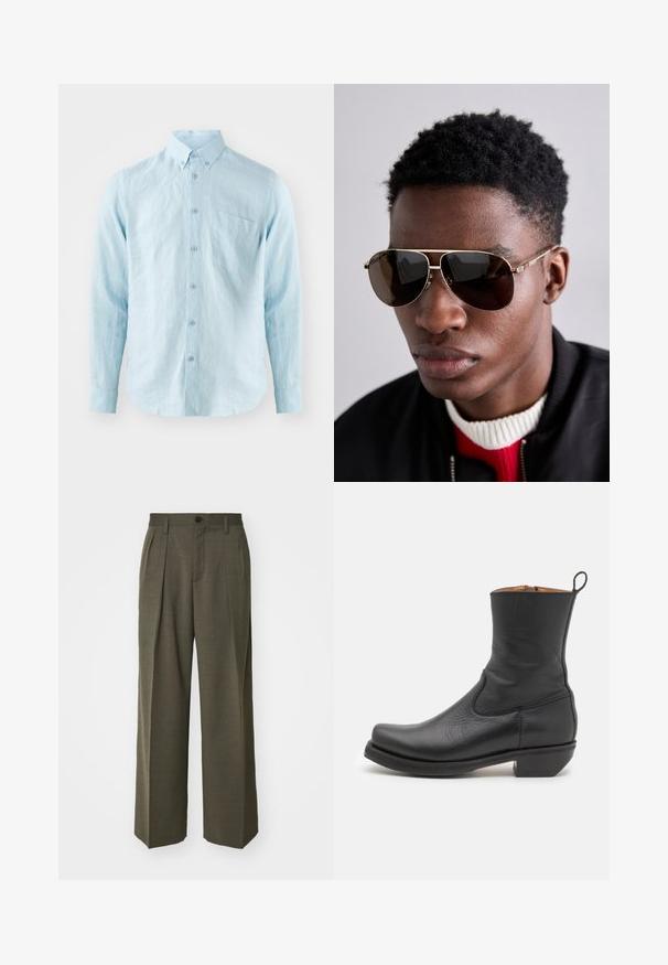 Stickad ärmlös topp med horisontella ränder i gult, grönt, brunt och blått. Rund halsringning med ribbad beige kant. Strukturerad fabric.; Ljusblå långärmad skjorta i strukturerad tyg, med knäppkrage, framknappar och en single bröstficka.; Filippa K WIDE TROUSERS - Tygbyxor - driftwood; Svart läderankelsko med en slät yta, smal profil, sidostickningar och en låg, fyrkantig klack. Har en dra-flik bak.; Bruna solglasögon med guld-accenter och ett grön-röd-grönt rand på skalmen, bärs tillsammans med en svart bomberjacka över en röd och vit tröja.