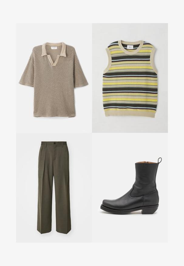Nertas bešvarkis viršus, puoštas horizontaliomis dryžiais geltonos, žalios, rudos ir mėlynos spalvų. Apvalus iškirpimas, apdailintas kreminės spalvos perliniais kraštais. Tekstūruota medžiaga.; Bežinis megztas polo marškinėlis su V formos apykakle, trumpomis rankovėmis ir tekstūruotu raštu, turinčiu šviesesnės spalvos apykaklę.; Filippa K WIDE TROUSERS - Kelnės - driftwood; Juodas odinis kulkšninis botas su lygiu paviršiumi, siauru profiliu, šoninėmis siūlėmis ir žemu kvadratiniu kulnu. Yra užvilkimo kilpelė nugarinėje dalyje.